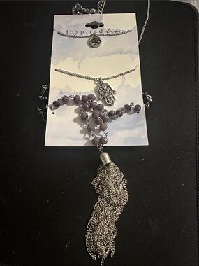 Inspire Silver Hamsa Layered Necklace with Purple Beads and Tassel
#151